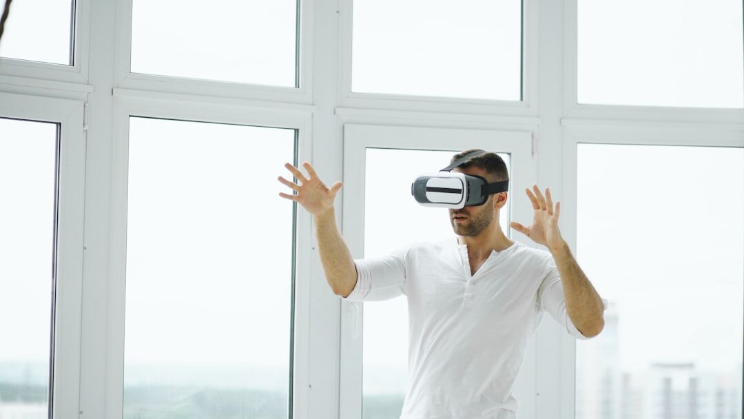 Person wearing VR headset in futuristic environment